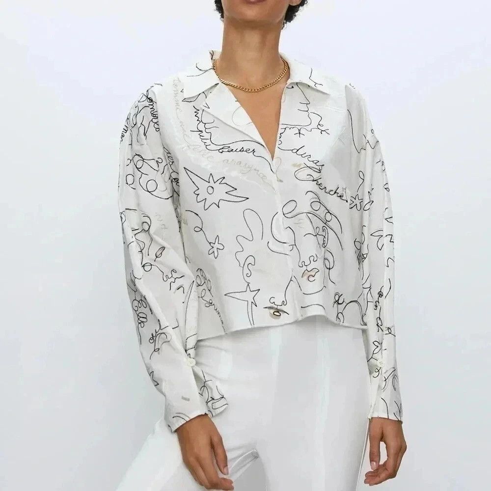 Aritzia Babaton Martin Embroidered Long Sleeve Top White Abstract Art Women’s M